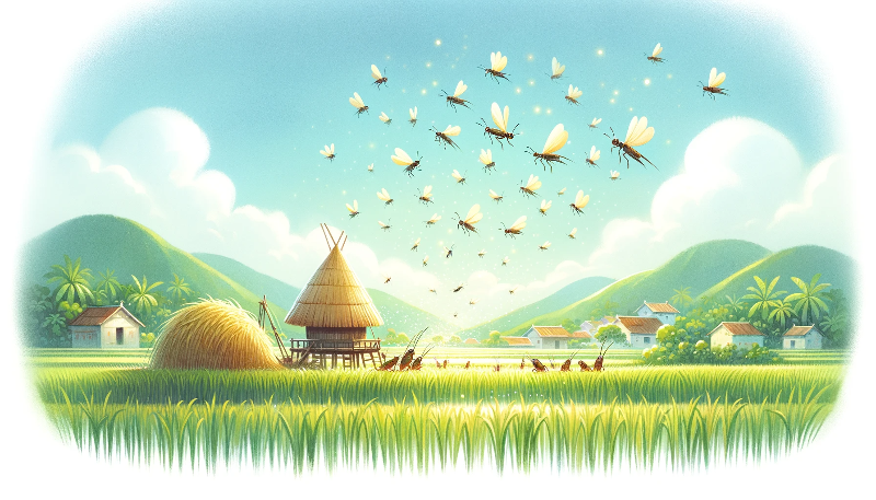 einen Grillenschwarm auf einem Reisfeld aus einem vietnamesischen Märchen in einem heiteren und friedlichen Ton darstellt