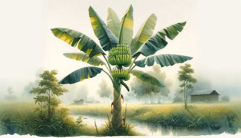 eine Szene aus dem vietnamesischen Märchen über die Geschichte der Bananenpflanze darstellt