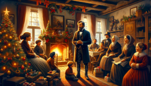 Dr. Elias Schwarz feiert Weihnachten mit einer herzlichen Familie im 19. Jahrhundert, umgeben von traditioneller Dekoration und Kaminfeuer.