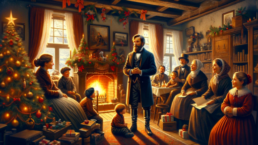 Dr. Elias Schwarz feiert Weihnachten mit einer herzlichen Familie im 19. Jahrhundert, umgeben von traditioneller Dekoration und Kaminfeuer.