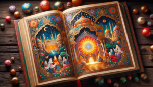 Orientalisches Märchenbuch aufgeschlagen mit leuchtenden Illustrationen