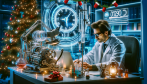 Dr. Elias Schwarz arbeitet an Weihnachten in seinem Labor an einer Zeitmaschine, umgeben von moderner Technik und Weihnachtsschmuck