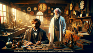 Dr. Elias Schwarz im 19. Jahrhundert, trifft verwirrt einen geheimnisvollen Uhrmacher in einer historischen Werkstatt