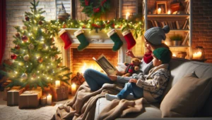 Mutter und Kind lesen Weihnachtsgeschichte, Sofa vor Kamin und Weihnachtsbaum