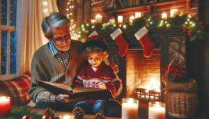 Großelternteil und Enkelkind beim Vorlesen einer Weihnachtsgeschichte, Zimmer mit Feiertagsbeleuchtung und Kamin