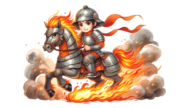 Thánh Gióng in eiserner Rüstung, wie er auf seinem feurigen eisernen Pferd reitet und sich seinen Feinden entgegenstellt. Aus die Legende von Thánh Gióng