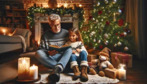 Erwachsener liest Kind eine Weihnachtsgeschichte vor, gemütliches Wohnzimmer mit festlicher Dekoration