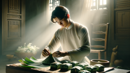 Tiết Liêu, dem bescheidenen jungen Prinzen, beim Vorbereiten der Reiskuchen in die Legende von Bánh Chưng und Bánh Dày