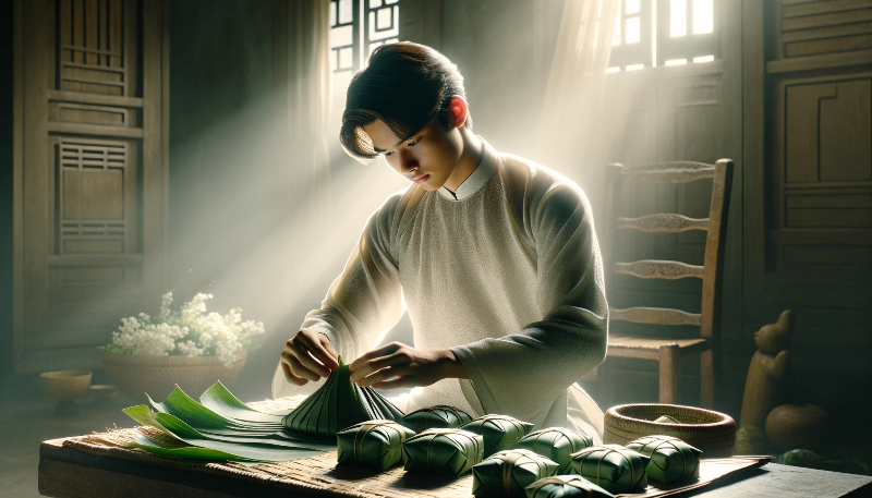 Tiết Liêu, dem bescheidenen jungen Prinzen, beim Vorbereiten der Reiskuchen in die Legende von Bánh Chưng und Bánh Dày