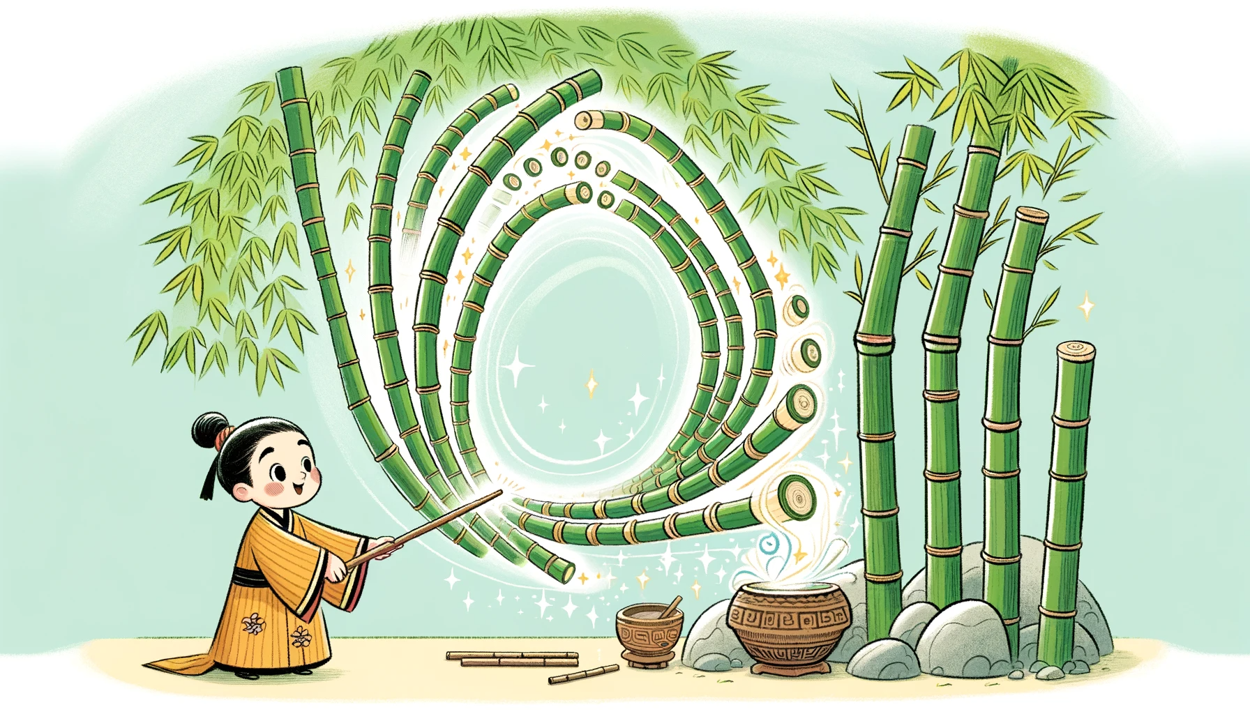 Kinderillustration des Dieners, der einen langen Bambusbaum aus hundert Segmenten formt