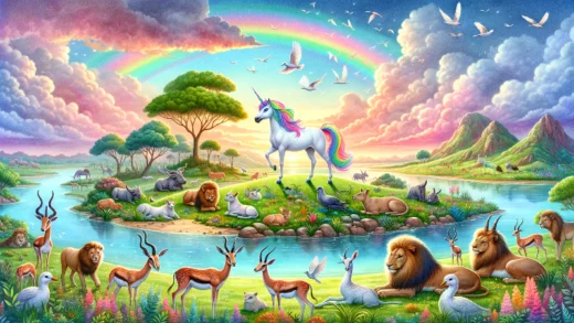 Ein buntes Einhorn steht auf einer magischen Insel voller harmonisch zusammenlebender Tiere, unter einem leuchtend farbigen Himmel.