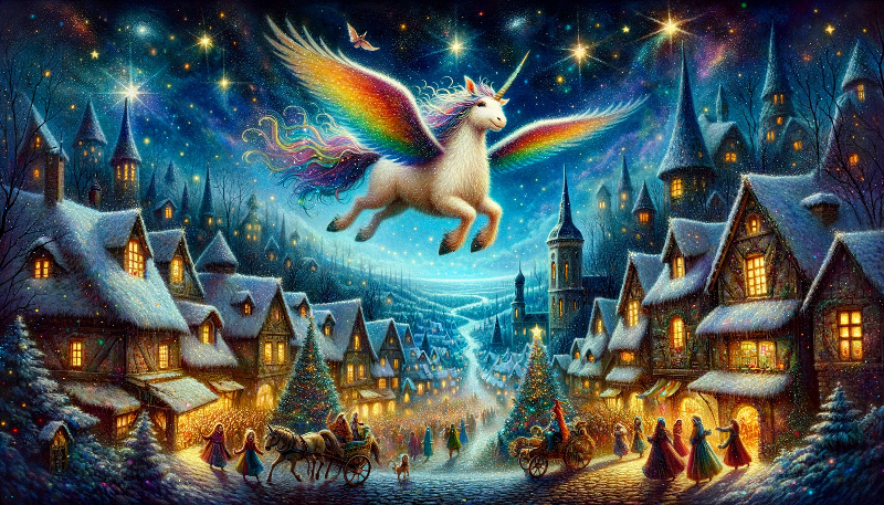 Illustration eines bunten Einhorns, das ein kleines Mädchen über ein nächtliches Dorf fliegt, umgeben von funkelnden Sternen und Lichtern.